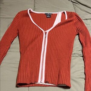 Rust Orange Ribbed Zip-Up Cardigan